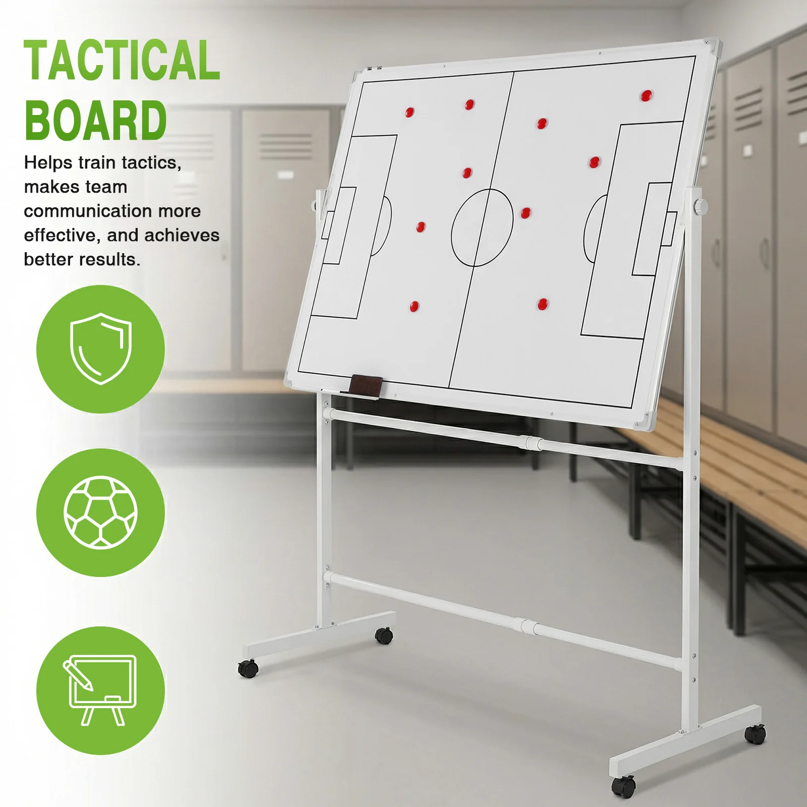 

Double-Sided Dry Erase Board 360 Degree Reversible Soccer Board Height Adjustable with Magnets Pen & Eraser for Coaches