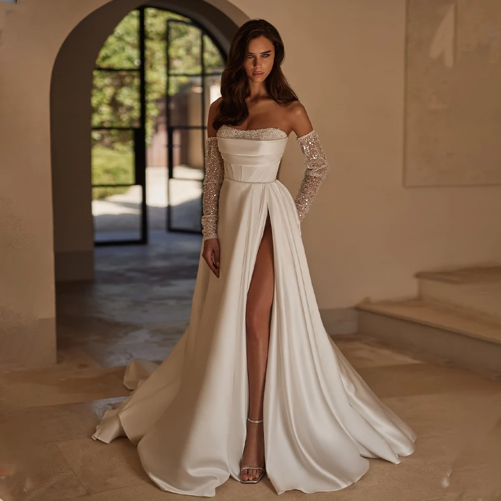 

Shiny Beaded Around Pleat Satin A Line Wedding Dresses Side Slit Detachable Long Sleeves Custom Made Vestido De Noival