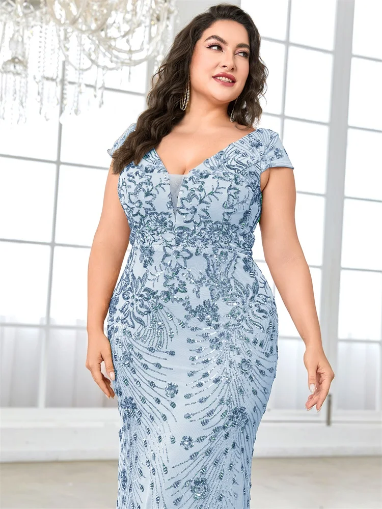 Plus Size Elegant Blue Evening Dress For Women 2025 Luxury Long Mermaid Formal Sequins V-neck Prom Wedding Party Gowns