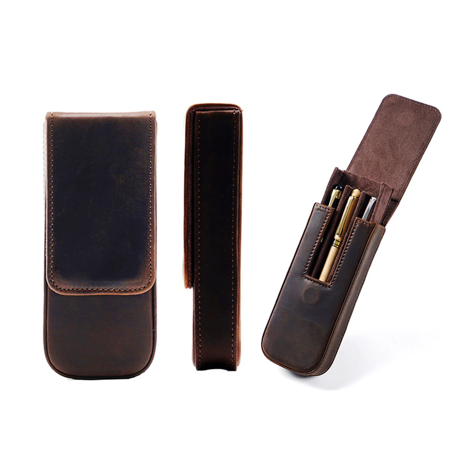 Genuine Leather 3 Slots Hard Fountain Pen Case Storage Box Office Supply pen Pouch high-end fountain pens collection bags