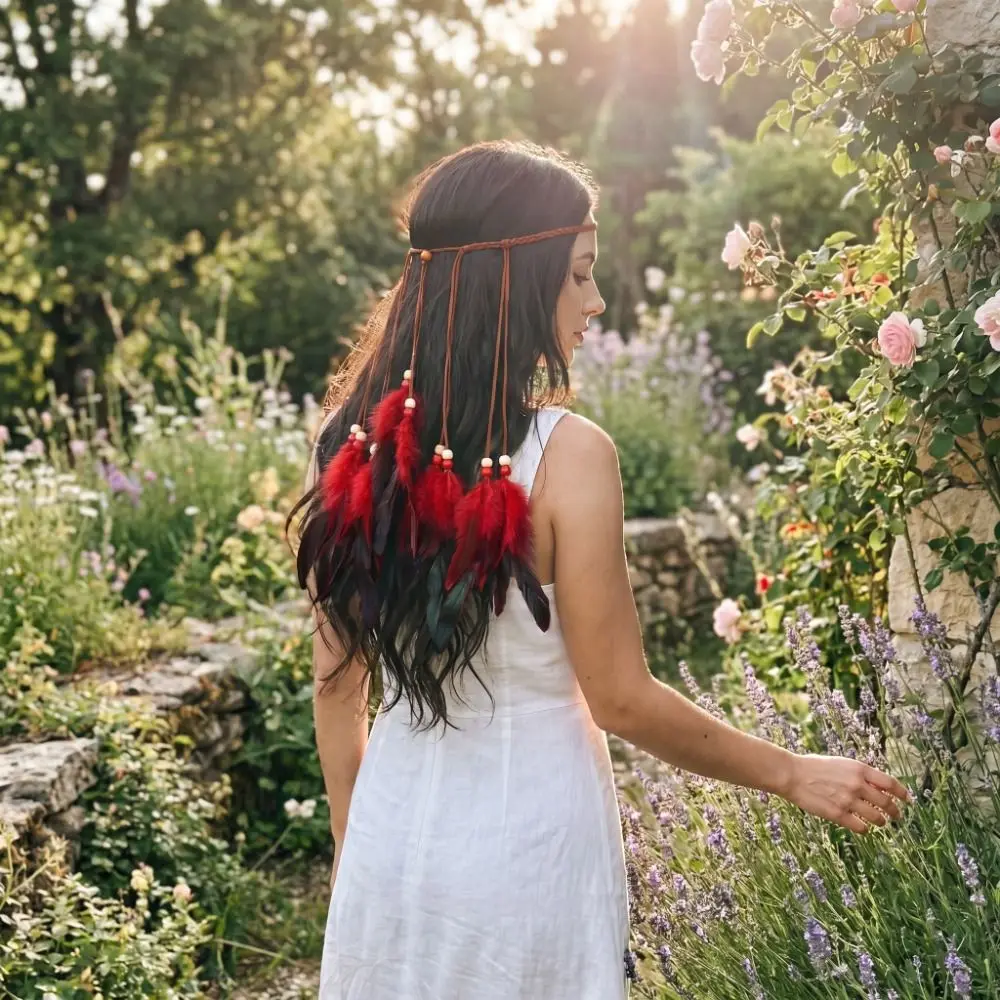 Cascading Tassels Bohemian Tassel Headband Braided Cord Hand-tied Plumage Long Feather Headpiece Natural Earthy Tones