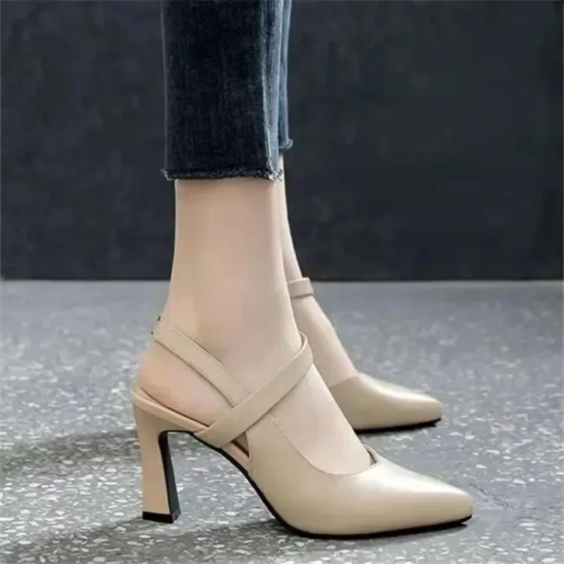 Women High Heels Summer New Style Thick Heels Soft Leather Solid Color Sandals with Baotou Fashion High-heeled Women\'s Shoes