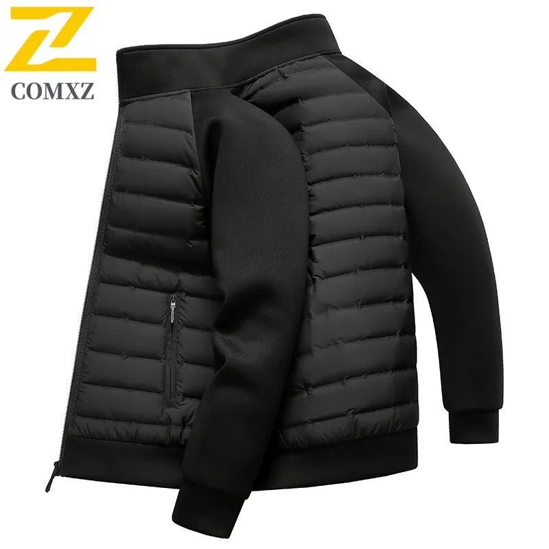 COMXZ Men 90% Down Lightweight Down Jacket Windproof Thermal Loose Fit Versatile Casual Stand Collar Solid Color Patchwork Coat