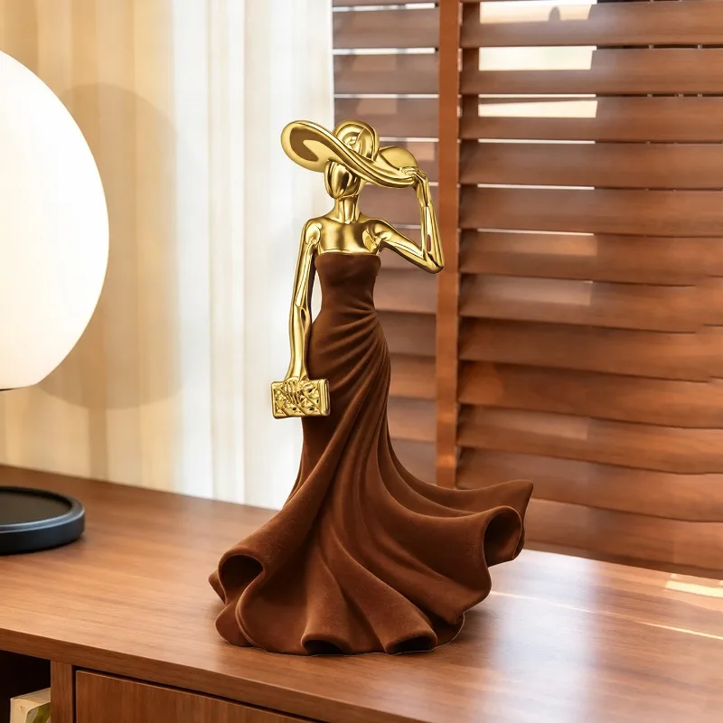 Luxury Flocked Lady Resin Statue, Electroplated Gold Abstract Woman Sculpture, Home Living Room Tabletop Decor Housewarming Gift