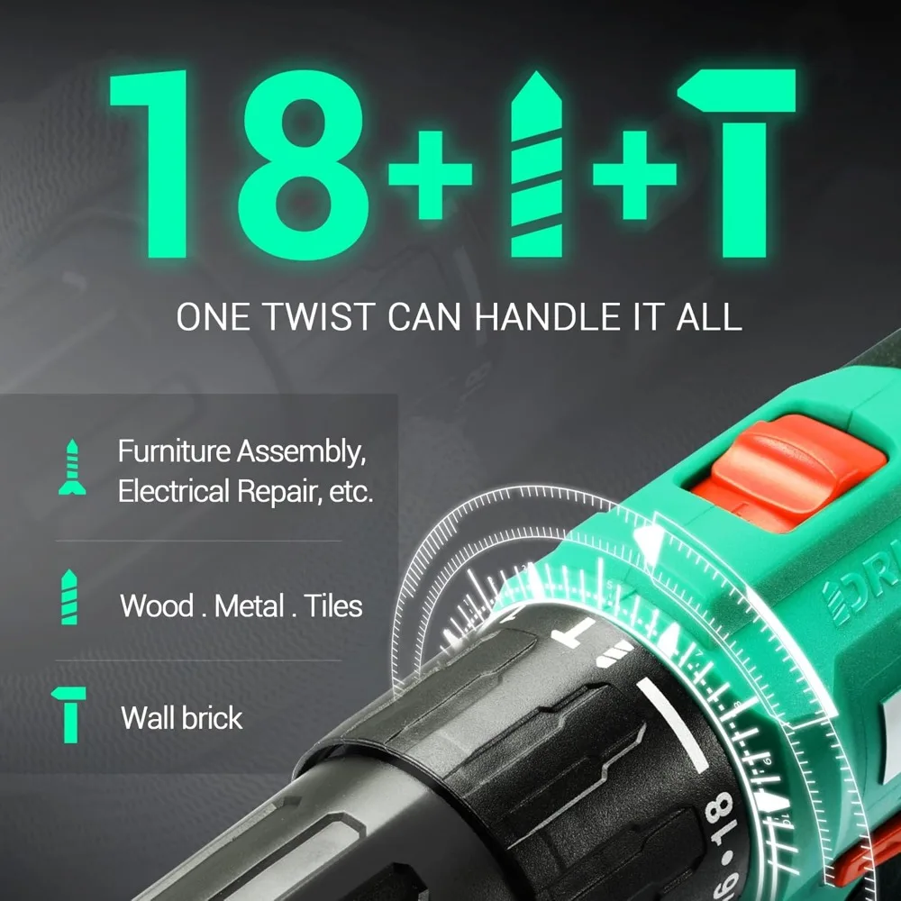 مجموعة مثقاب مطرقة لاسلكية 20 فولت، عزم دوران 354 رطل، ظرف بدون مفتاح 1/2 بوصة، 22500 IPM، سرعات متغيرة للخشب المعدني من الطوب