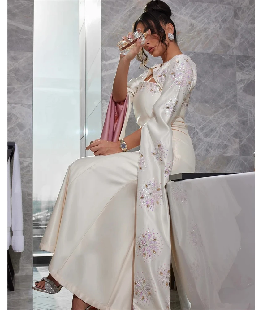 

Изысканное атласное вечернее платье трапециевидной формы с блестками и бисером, кристаллами по индивидуальному заказу, темпераментное вечернее платье с круглым вырезом и длинными рукавами после вечеринки