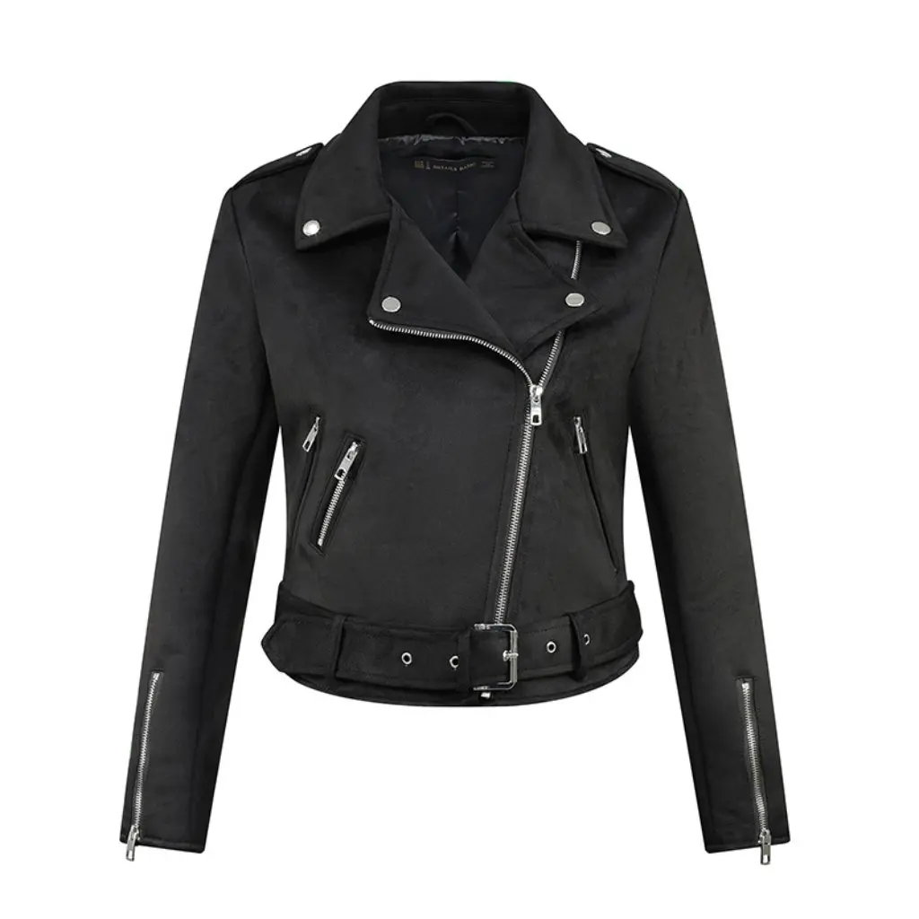 

Women's Short Leather Suede Jacket Slim Fit Motorcycle Style European American Design Wholesale Coat for Ladies