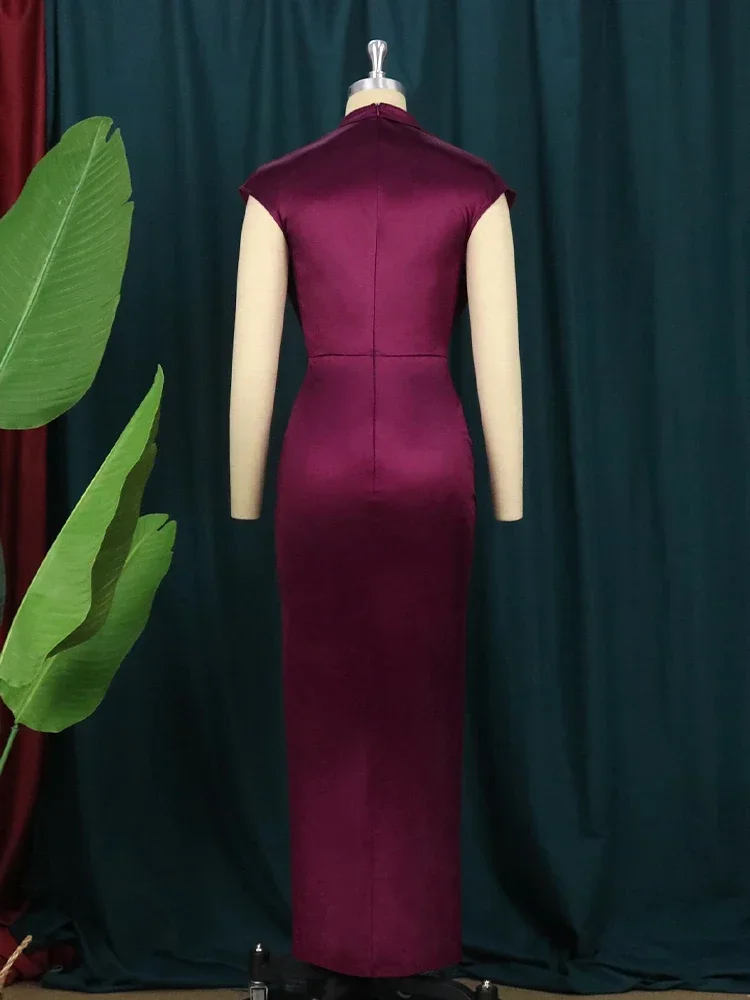 Vestido plisado largo rojo vino para mujer, traje elegante con cuello alto, ajustado, sin mangas, brillante, para fiesta, primavera 2023