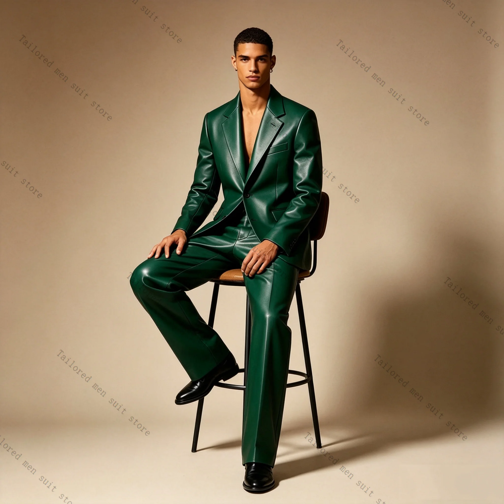 

Green PU Leather Men Suits Pants Set 2 Pcs Blazer+Trousers Groom Wedding Tuxedos Jacket Formal Office Business Coat Outfit
