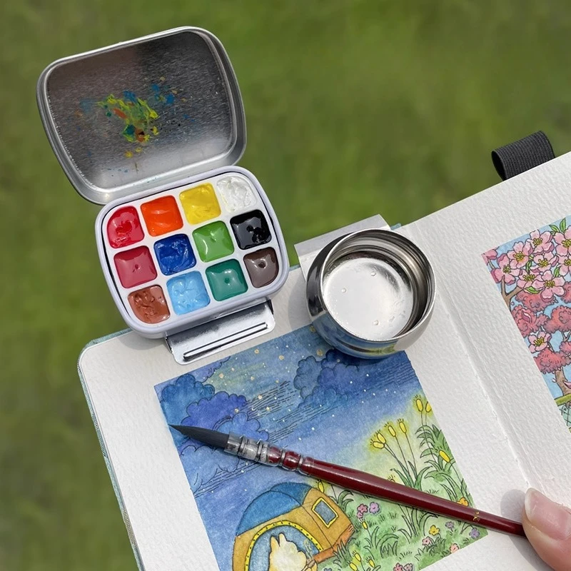Mini Travel Watercolor Paint Box Sturdy Durable Well-sealed for Outdoor Sketching Travel Records Color Matching Painting