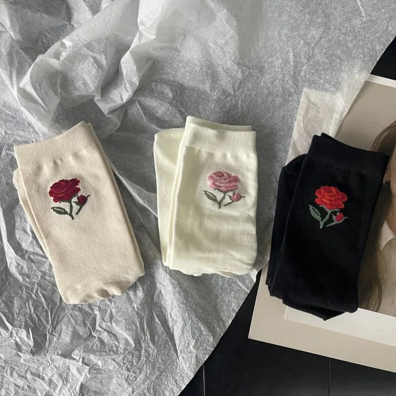Elegant Retro Cute Combed Cotton Split Toe Woman Socks Rose Floral Patterns Soft Two-Toed Japanese Harajuku Women's Tabi Sox