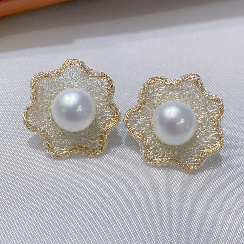 

SGARIT 14k Gold Filled Trending Pearl Jewelry DIY Italian Craftwork Cute Lace Natural Freshwater Pearl Stud Earrings