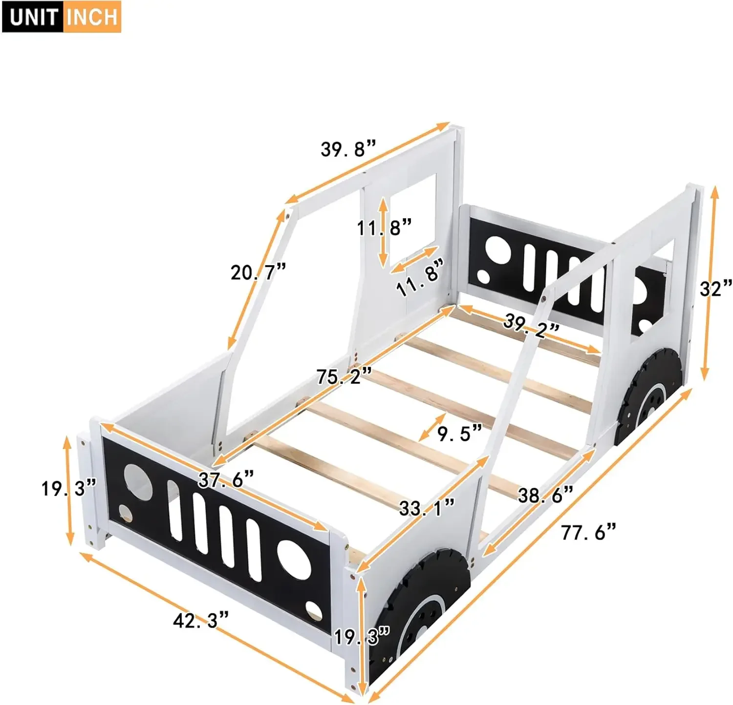 Tempat tidur anak ukuran ganda, tempat tidur Platform berbentuk mobil klasik dengan roda, kayu kembar Montessori lantai tempat tidur untuk anak laki-laki dan perempuan, Mc petir