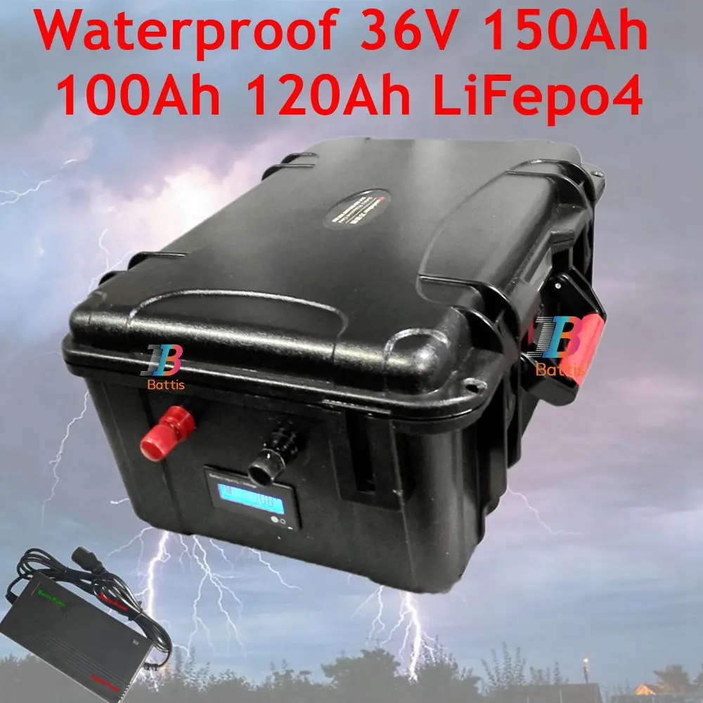 Waterproof 36V 150Ah 100Ah 120Ah LiFepo4 lithium battery pack with BMS for fishing boats solar system motor EV RV+10A charger