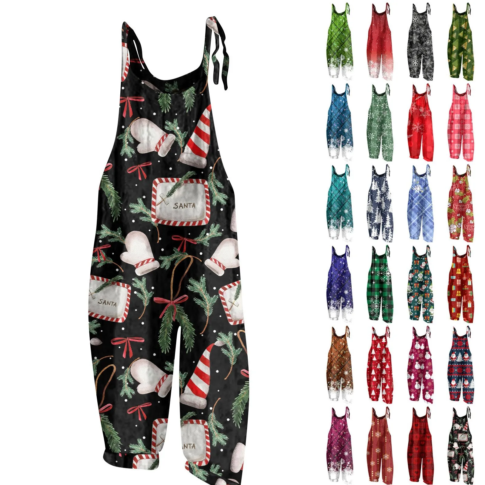 Women\'s Jumpsuit Christmas Print  Casual Loose Vintage Shoulder Strap Cotton Linen