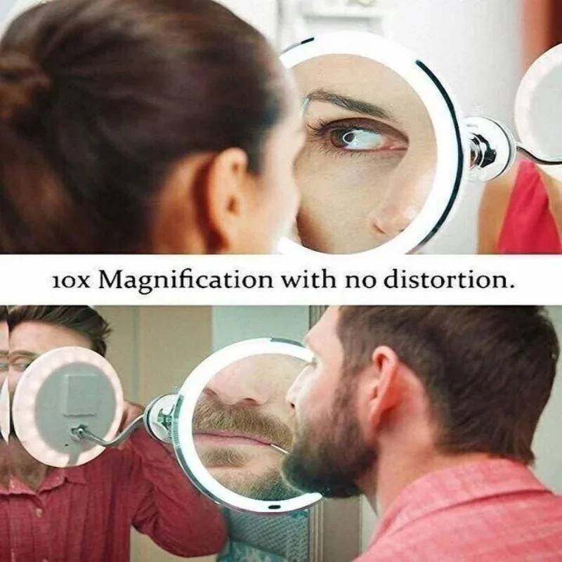 360° Flexible Light Up 10X Magnification Makeup Mirror Flexible Gooseneck Mirror with LED Lights, No Hole Punching