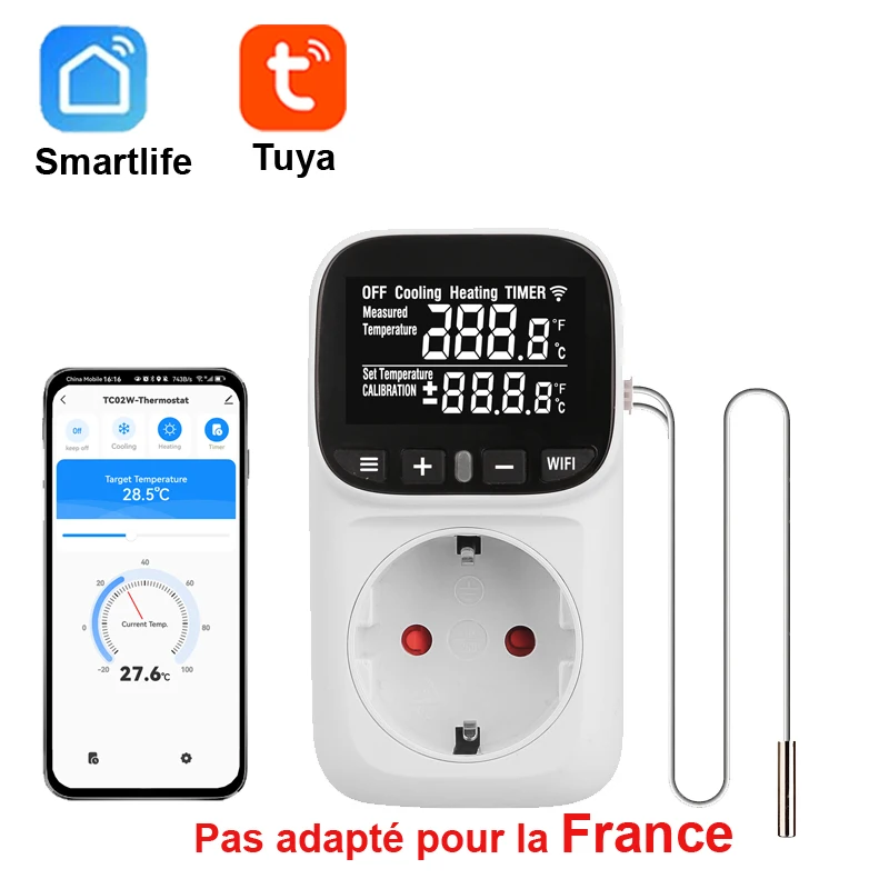 

Цифровой регулятор температуры Tuya, розетка, термостат, 16А, вилка европейского стандарта с таймером, нагрев, охлаждение для холодильника, аквакультуры
