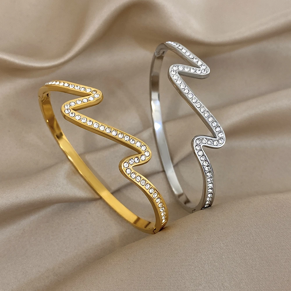 

DODOHAO Trendy Irregular Stainless Steel Cuff Bracelets for Women Exquisite Rhinestone Geometry Spring Bangle Waterproof Jewelry