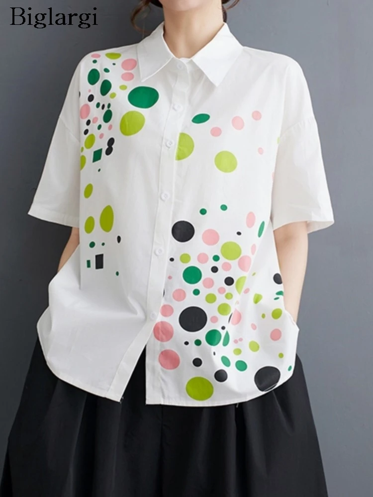 

Oversized Summer Polka Dot Print Shirts Tops Women Short Sleeve Casual Fashion Ladies Cropped Blouses Loose Woman Shirt Tops