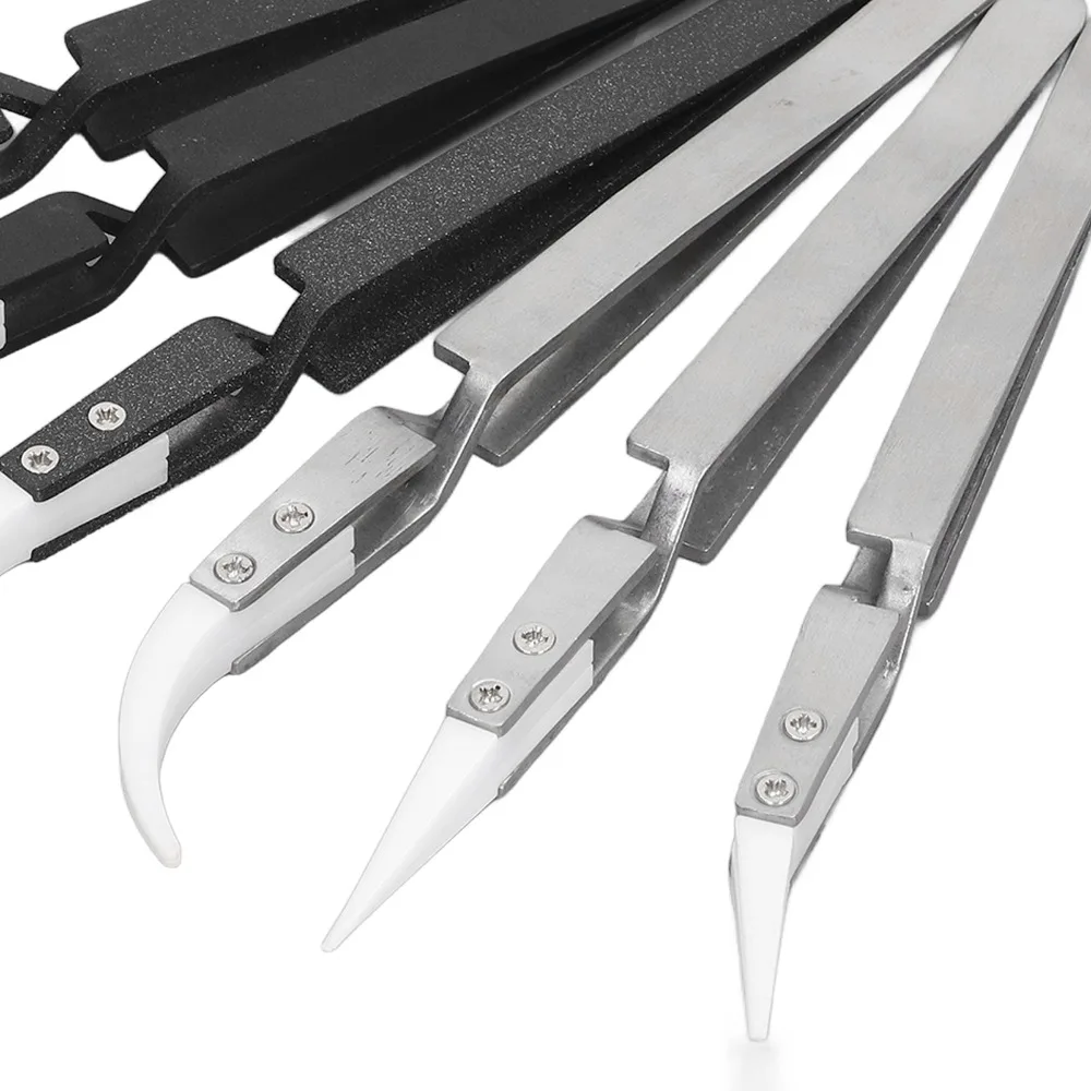 

Набор из 6 антистатических керамических пинцетов с заостренными и изогнутыми кончиками, с крестообразным фиксатором, для обратной пайки, из нержавеющей стали, антимагнитные