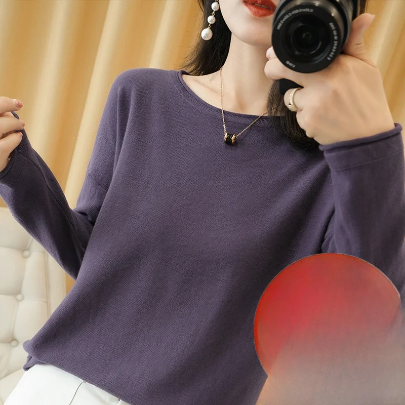 

Spring Autumn Pure Cotton Knitted Sweater Women's round Ne Cuffed Loose Large Size Base Sweater Full Cotton oulder Drop T...