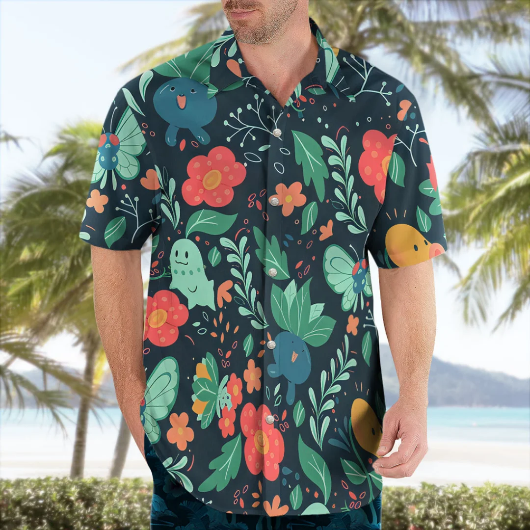 Bulbasaur Chikorita Oddish Pokémon Hawaiian Shirt Floral Print Summer Leisure Men's T-Shirt Children's Clothing Tee Y2k Woman
