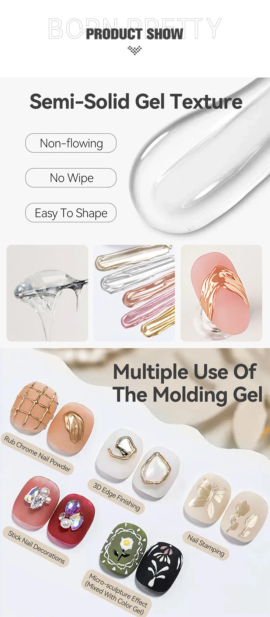 BORN PRETTY 5 g halbfestes Modelliergel für Chrompuder, 3D-transparentes, formendes Nail-Art-Gel, multifunktionales 4-in-1-UV-Gel – Detail 2