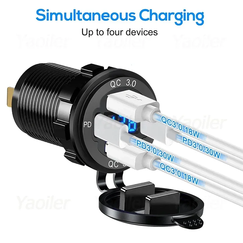 4-Ports 12/24V Dual QC3.0 Dual PD3.0 Car Charger Cigarette Lighter Socket Waterproof USB Fast Charge with Voltmeter for Car Boat