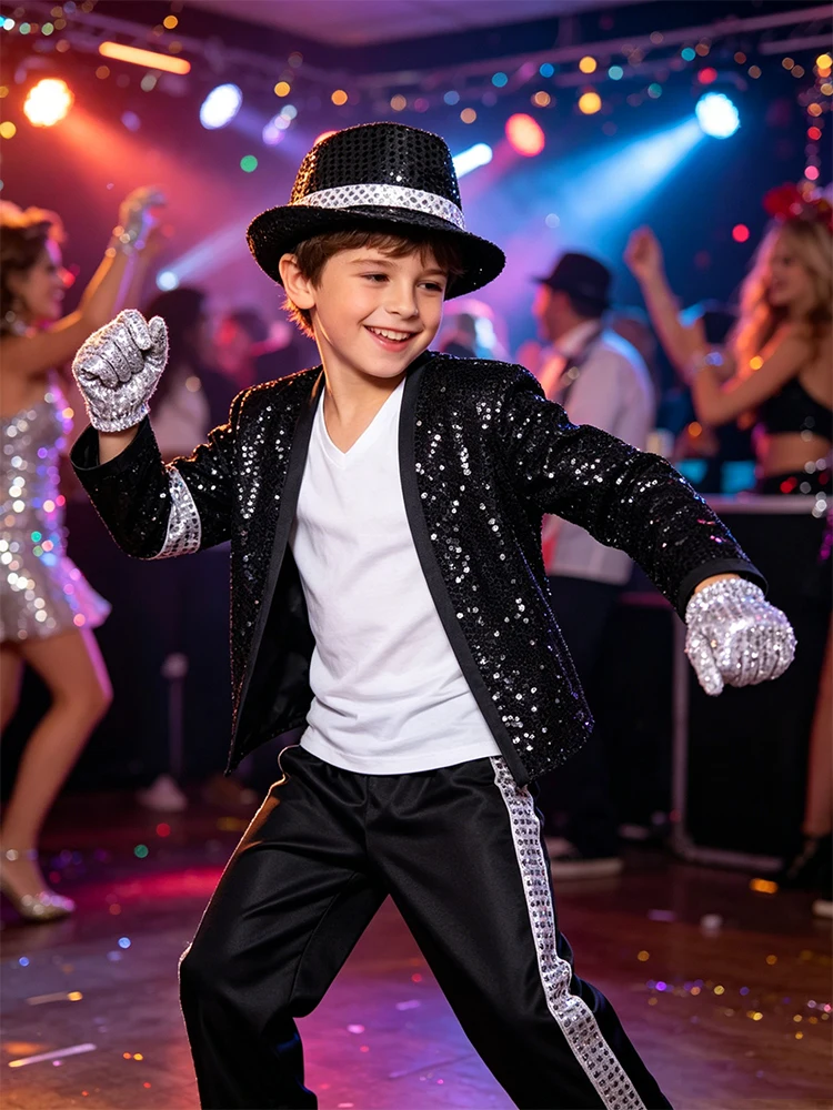 Kinder Hip-Hop-inspirierter Popstar-Paillettenanzug mit komplettem Zubehör: Hut, Handschuhe, Sonnenbrille für Halloween-Bühnen-Rollenspiele – Detail 5
