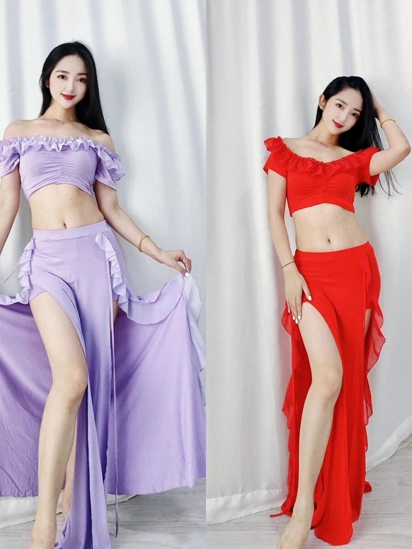 セクシーな東洋舞踊練習用衣装、モダール混紡チュニックトップ、シフォン装飾付きダブルスリットロングスカート、ワンショルダーデザイン（女性用）