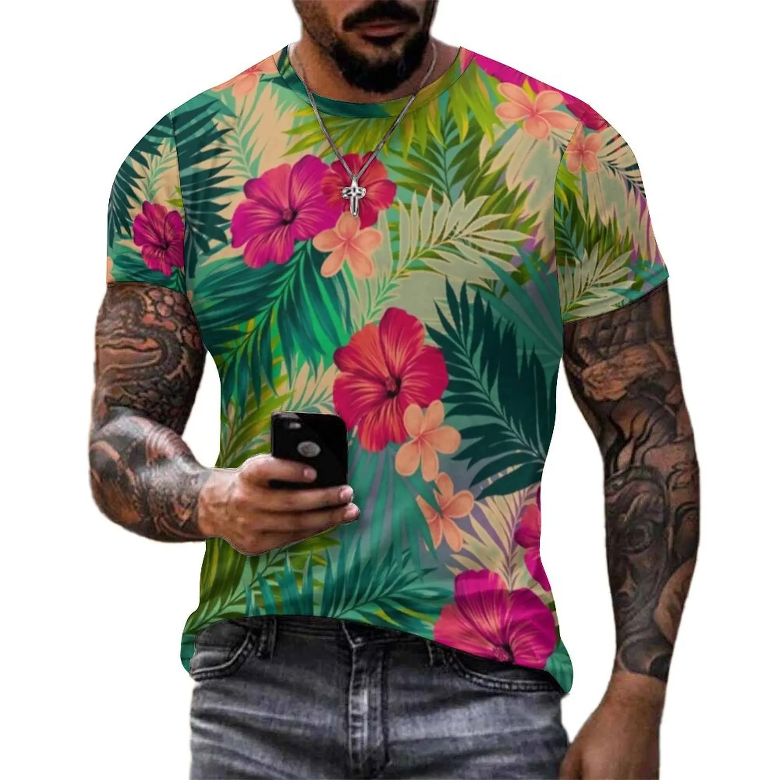 Sunset Beach T-Shirt Tropical Floral Print Fashion T Shirts Men Casual Tshirt Beach Short Sleeve Design Tops Plus Size