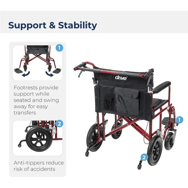 كرسي نقل بارياتيري قابل للطي في الهواء الطلق بأذرع كاملة الطول مع عجلات خلفية مسطحة مقاس 12 بوصة، أحمر، 22 بوصة