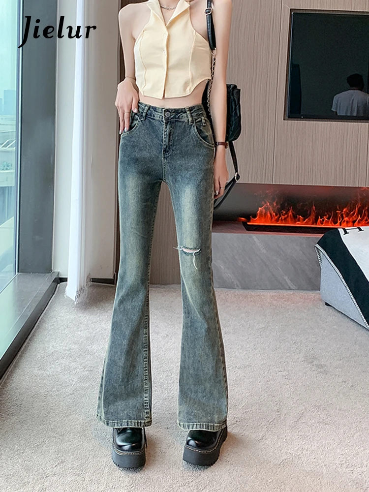 Jielur Zomer Nieuwe Vintage Amerikaanse Dames Jeans Gaten Hoge Taille Slim Mode Jeans Vrouw Blauwe Straatbasis Chique Broek Dames