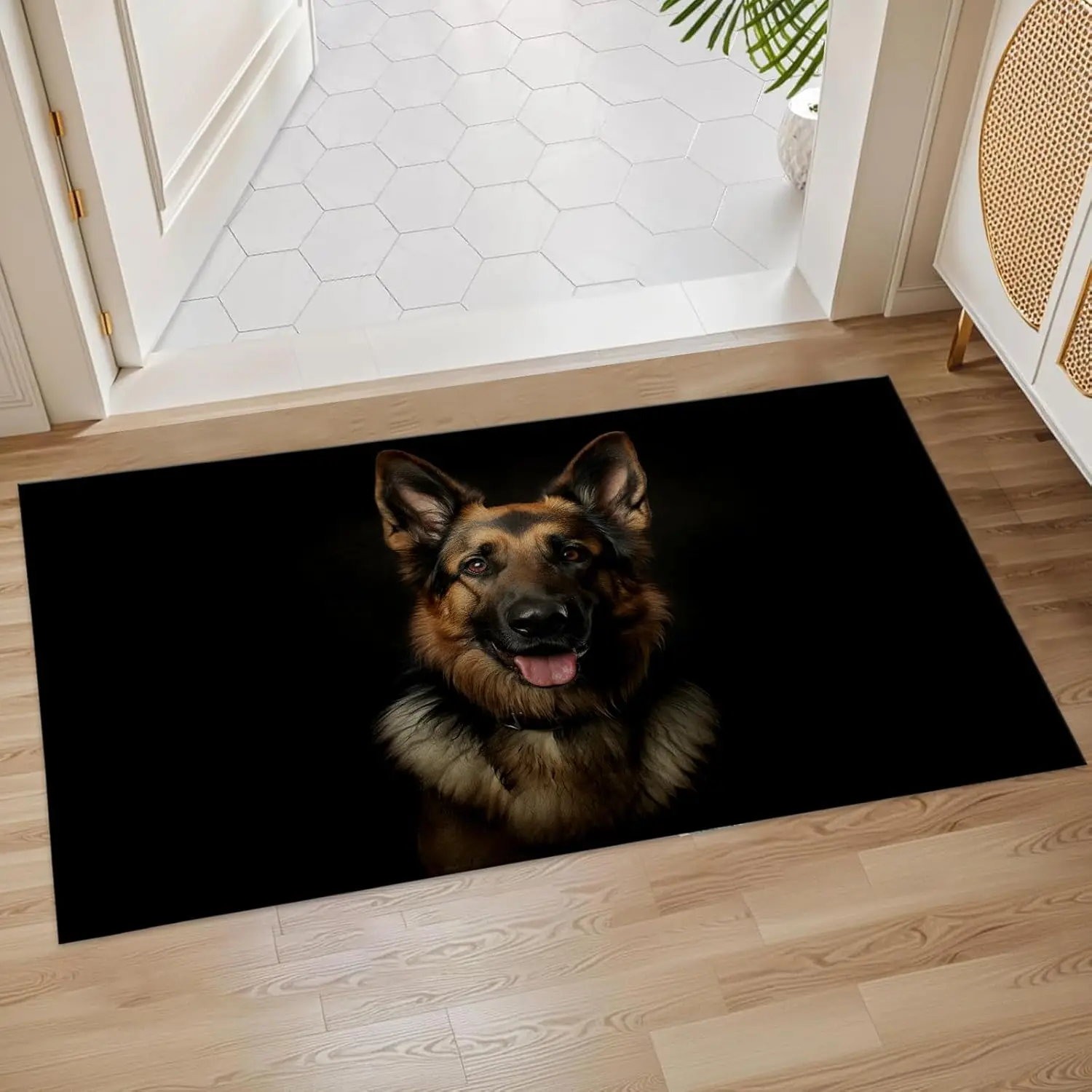German Shepherd Portrait Doormat Black Background Realistic Pet Face for Entryway