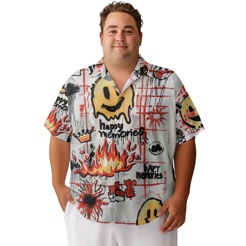 2024 new Hawaii Men's shirts plus size Anime flame melts smile printed clothing casual short-sleeved