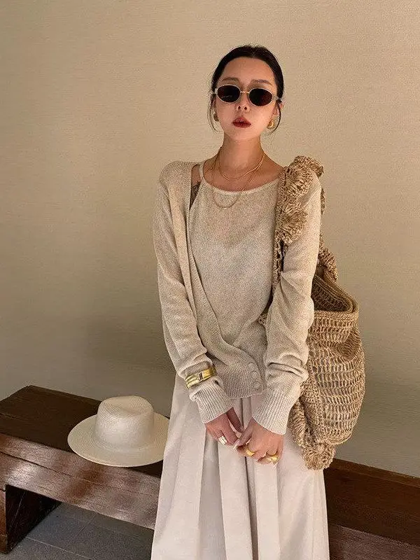 

Льняной вязаный топ Elsissi с открытыми плечами, повседневный, комфортный, средней мягкости, с длинными рукавами, круглым вырезом, цельный.