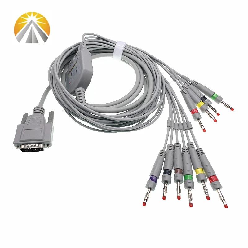 One Piece cabo do ECG, 10 fios de ligação, DB, 15 Pin Plug, Banana 4.0 End, AHA, IEC, AAMI padrão para Nihon Kohden Biocare ECG máquina