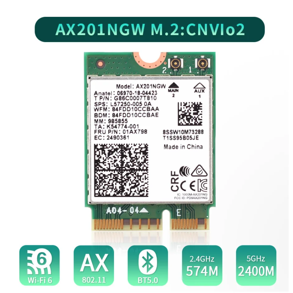 Wifi 6 AX201 Bluetooth 5,0, banda Dual 2,4G/5G, botón NGFF inalámbrico E CNVi, tarjeta Wifi AX201NGW 2,4 Ghz / 5Ghz 802.11ac / ax