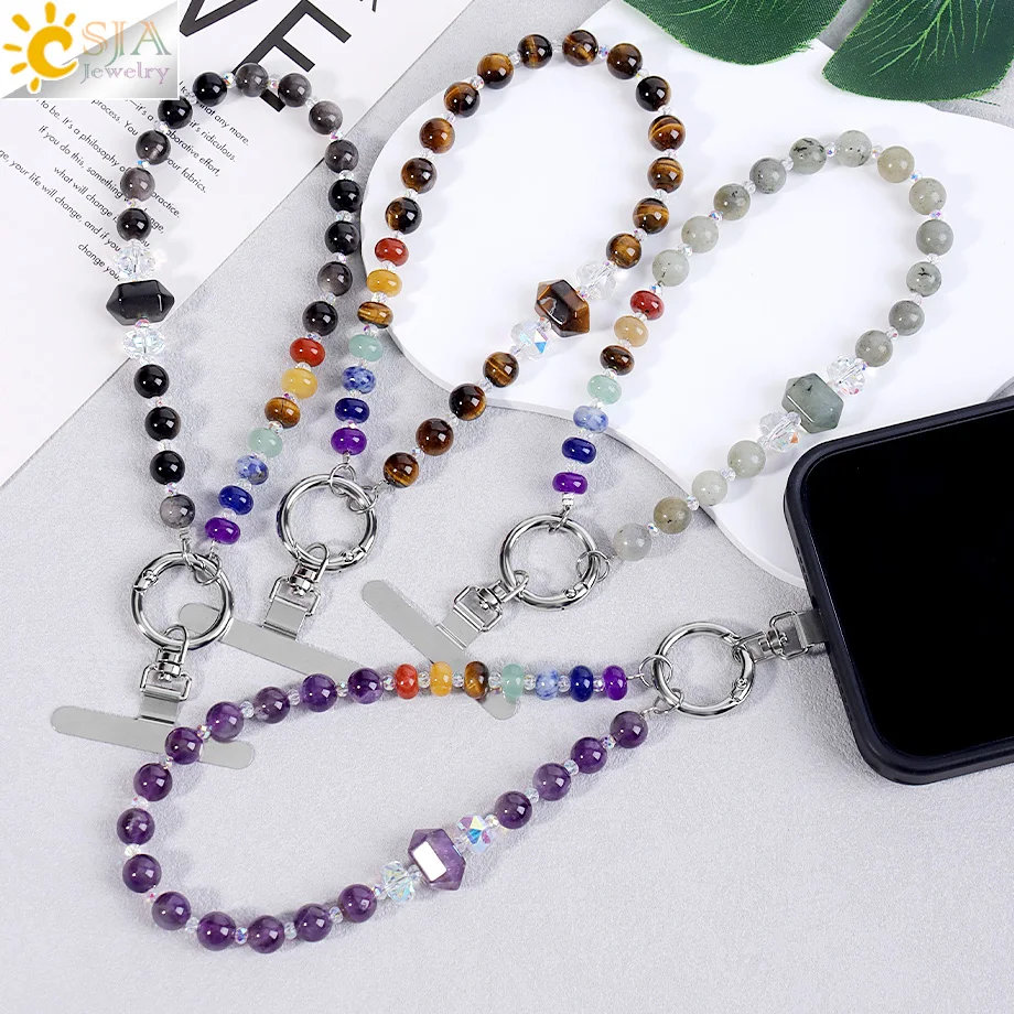 CSJA Natural Stone 7 Chakra Crystal Phone Chain Boho Anti-Lost Lanyard Strap for Phone Case Bag Keychain Bracelets Pendant H857