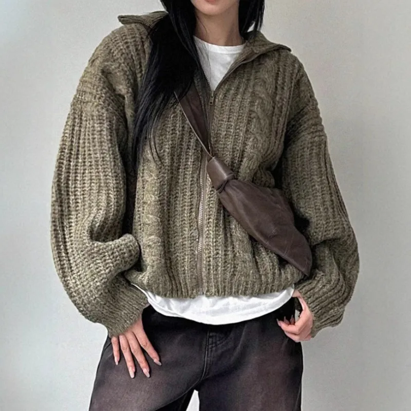 

Thick Twisted Stitch Double-headed Zipper Long-sleeve Turtleneck Cardigan Knit Sweater Coat for Autumn and Winter