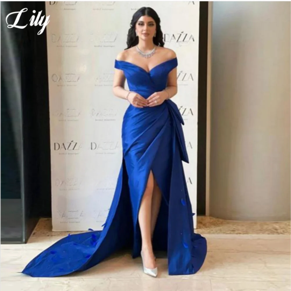 

Lily Blue Elegant Prom Dresses Sweetheart Off the Shoulder Prom Gown Satin Side Split Ball Gown for Woman robe de bal Customized