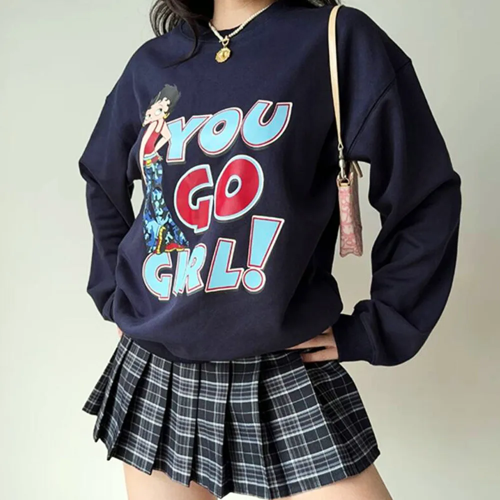 

You Go Girl Cartoon Printed Crewneck Navy Sweatshirts Autumn Long Sleeve Loose Thick Warm Pullover Vintage Style Feminist Jumper
