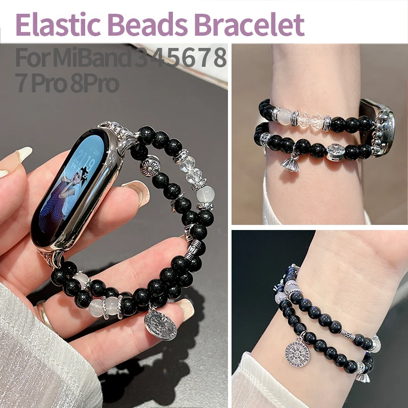 

Black Agate Beads Strap for Mi Band 6 5 4 Women Elastic Bracelet for Xiaomi Miband 8 7 Replacement Wristband Jewelry Accessories