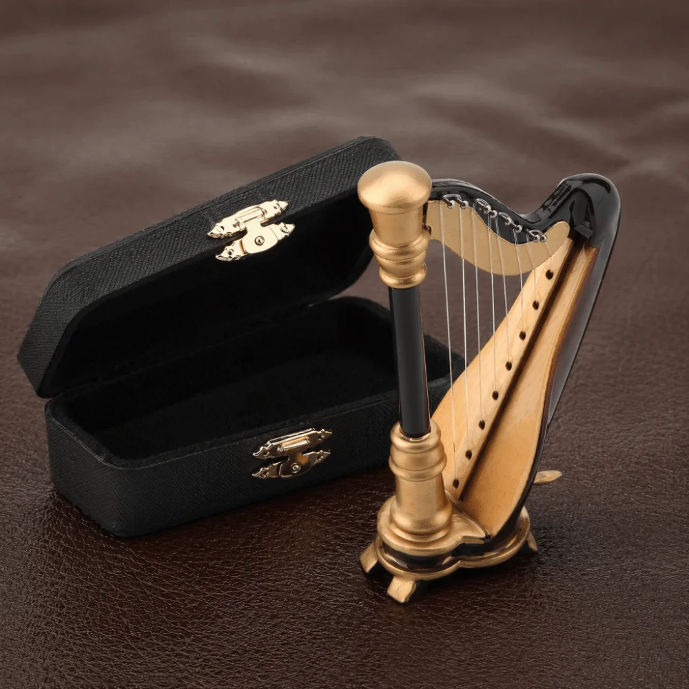 2pcs Wooden Miniature Harp Model Storage Box Included Replica Musical Instrument Ornament Decorative Harp Model Office Display