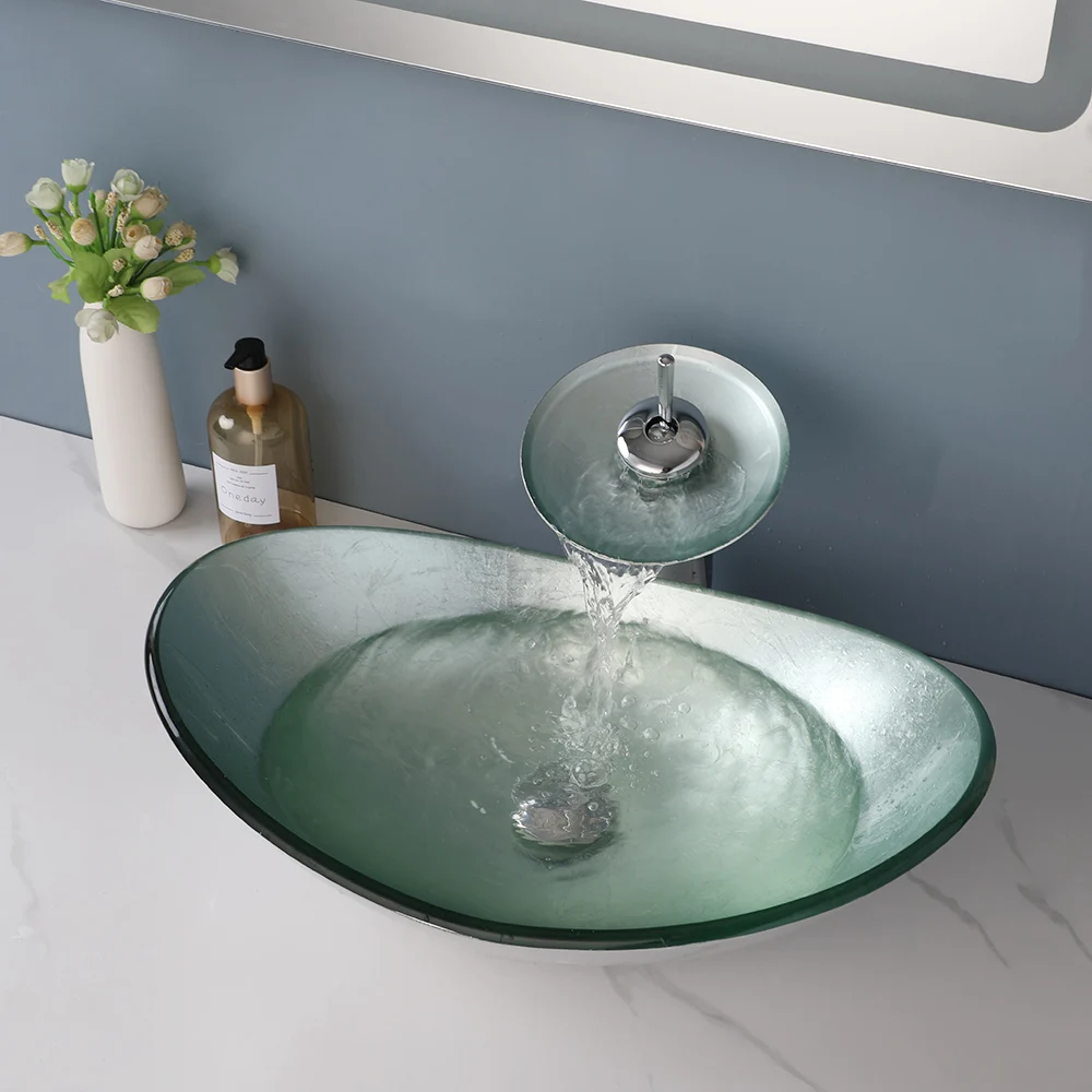 TORAYVINO Bathroom Basin Sink Faucet Set Artistic Tempered Glass Oval Vessel Sink Above Counter with Chrome Finished Faucet