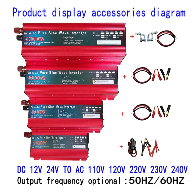 Imagem -02 - Inversor de Onda Senoidal Pura dc 12v 24v para ac 110v 220v 1000w 1600w 2000w 3000w Conversor de Banco de Potência Portátil Inversor Solar