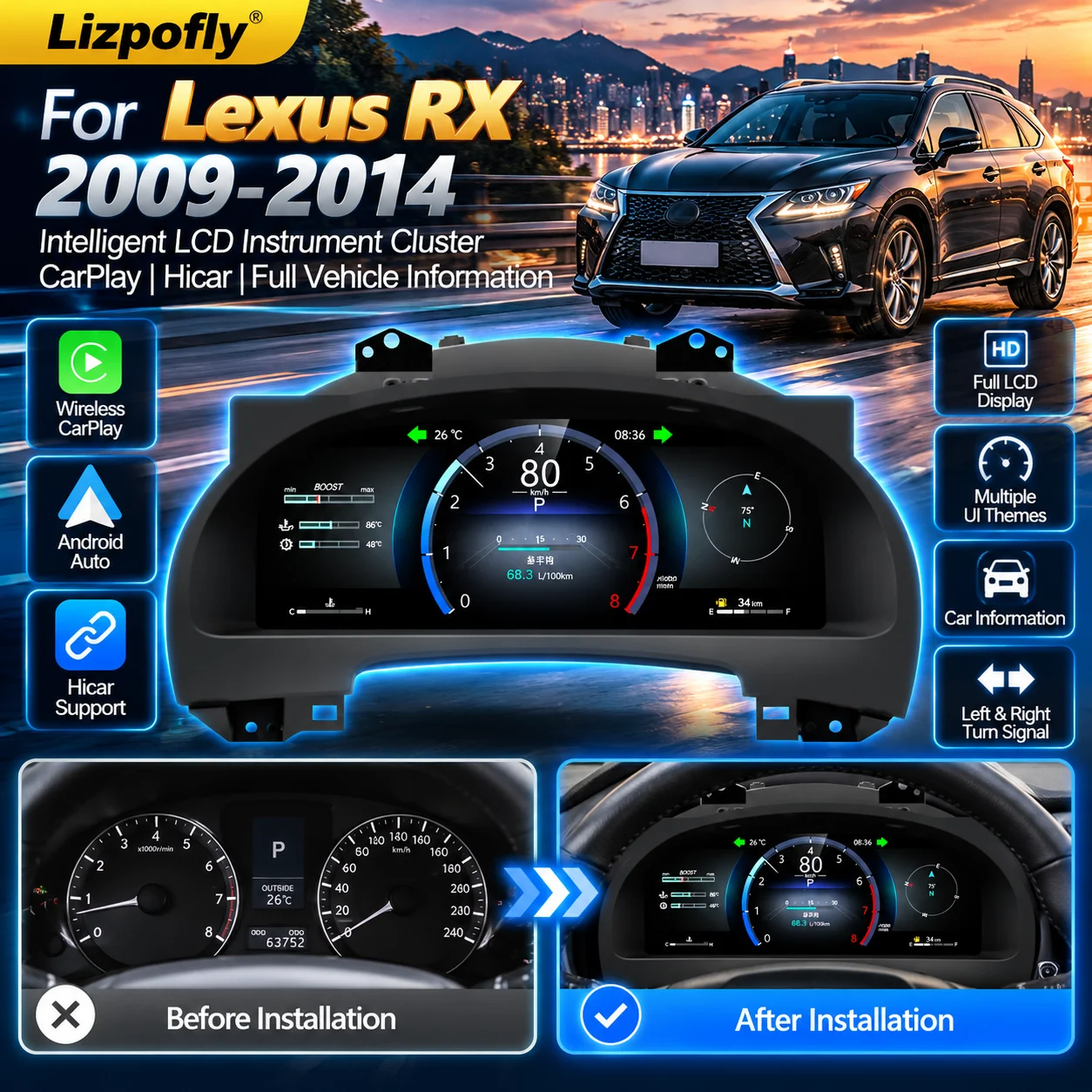 For 09-14 Lexus RX Upgraded Edition Intelligent LCD Instrument supports Carplay/Hikar/exclusive support for left and right blin