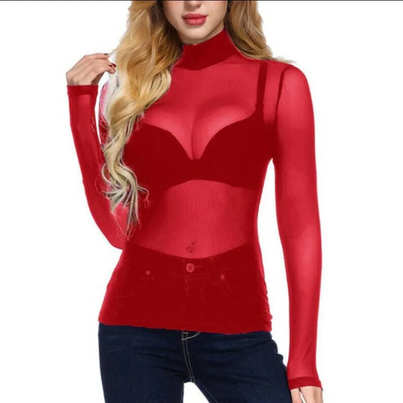 Women'S Ultra-Thin Mesh Elastic Tight Long Sleeve Half-Turtleneck Bottoming Shirt Sheer Tops