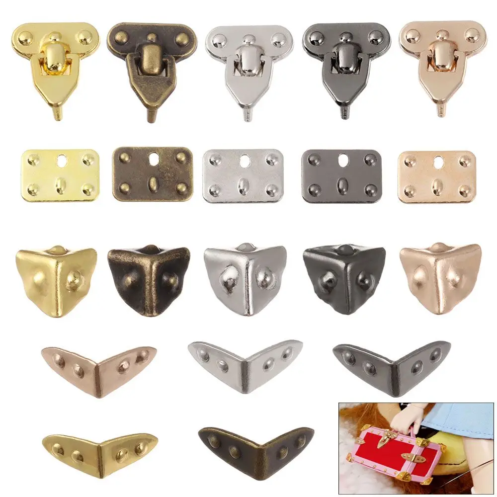 4Pcs 4 Styles Suitcase Box DIY Manual Mini Metal Crafts Doll Bags Parts Case Corner Protector Trunk Locks