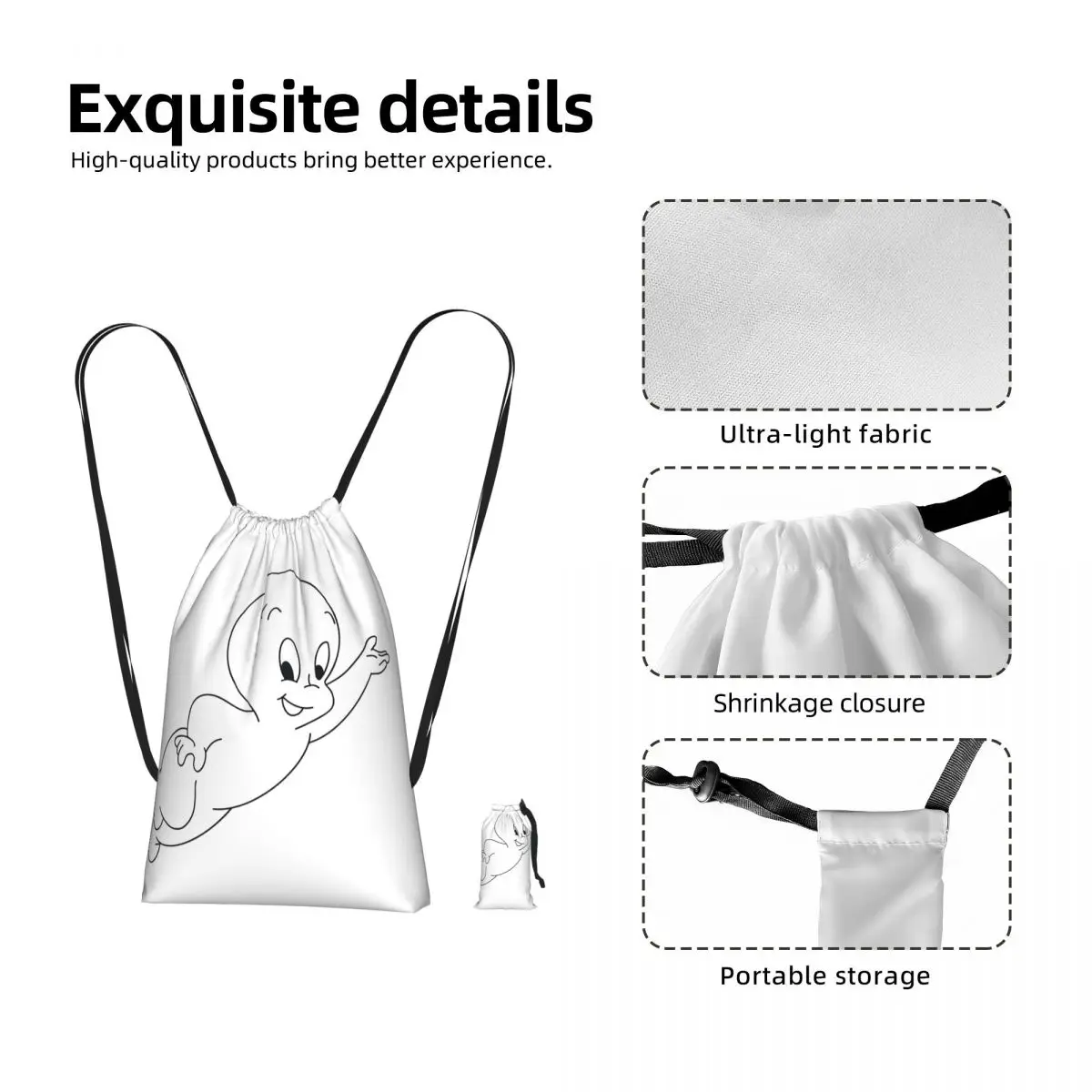 Casper The Friendly Ghost 90s Drawstring Backpack Sports Gym Bag Lightweight Foldable Storage Drawstring Bag for Men Women